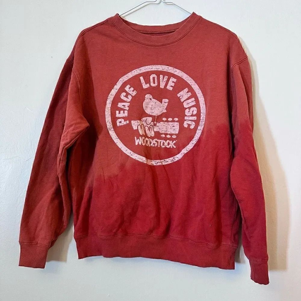 Woodstock Women's Peace Love Music Fleece Red Orange Dip Tie Dye Hombre Pullover